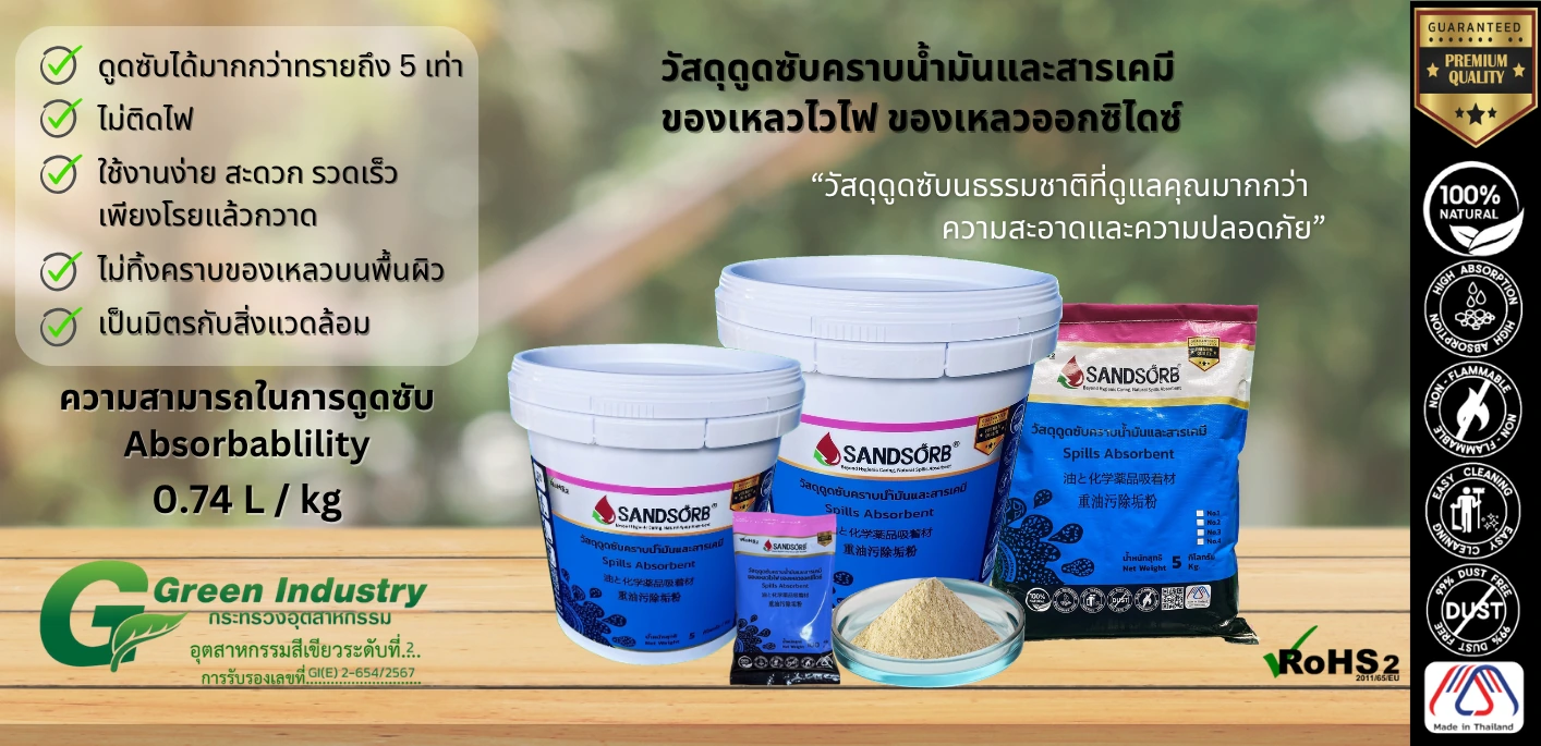 ภาพข้อมูลผลิตภัณฑ์ SANDSORB พร้อมความสามารถในการดูดซับ 0.74 ลิตรต่อกิโลกรัม